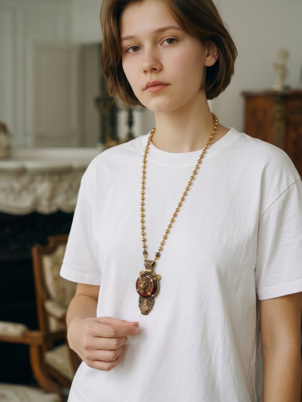 Vintage Lion Head Pendant with Gold Beaded Long Necklace - Statement Jewelry